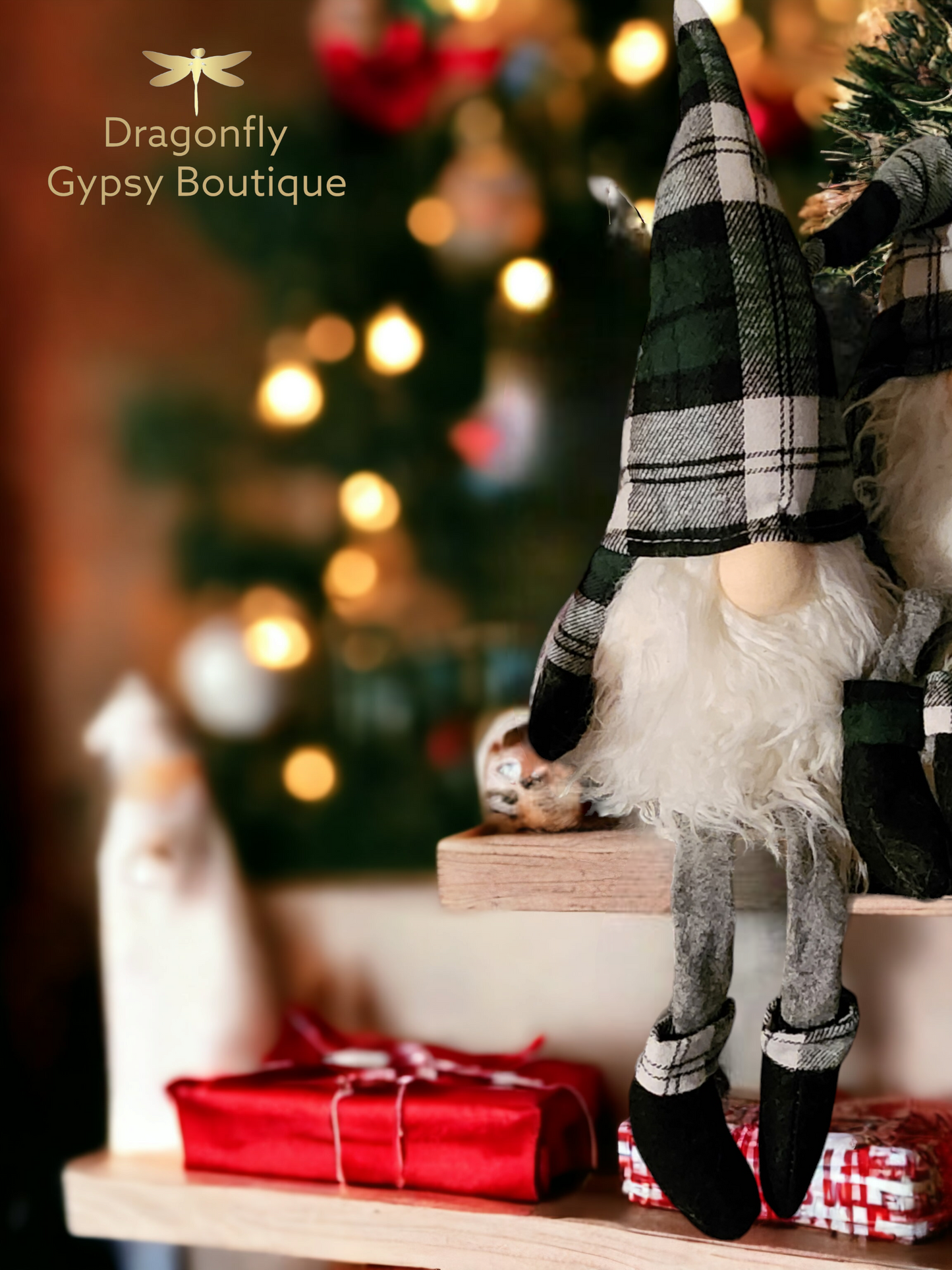 Sitting Green Plaid Long Leg Santa Gnome